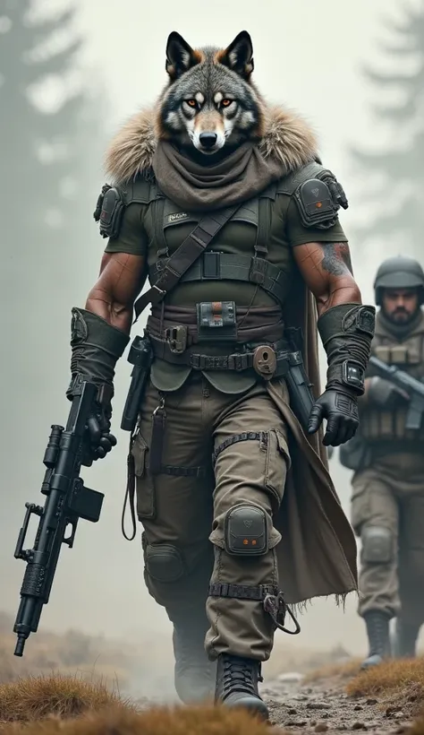 Imagine A Humanoid Wolf Big Muscle Guardian Man Holding A Big Space 12 Gun In Hand, 9 Feet Tall Hieght Wolf Head Muscular Man Walking Straight, A Turkish Army Man Walking With Him From Side Wearing Turkish Army Uniform, Eye Catching Background, Giant Giant...