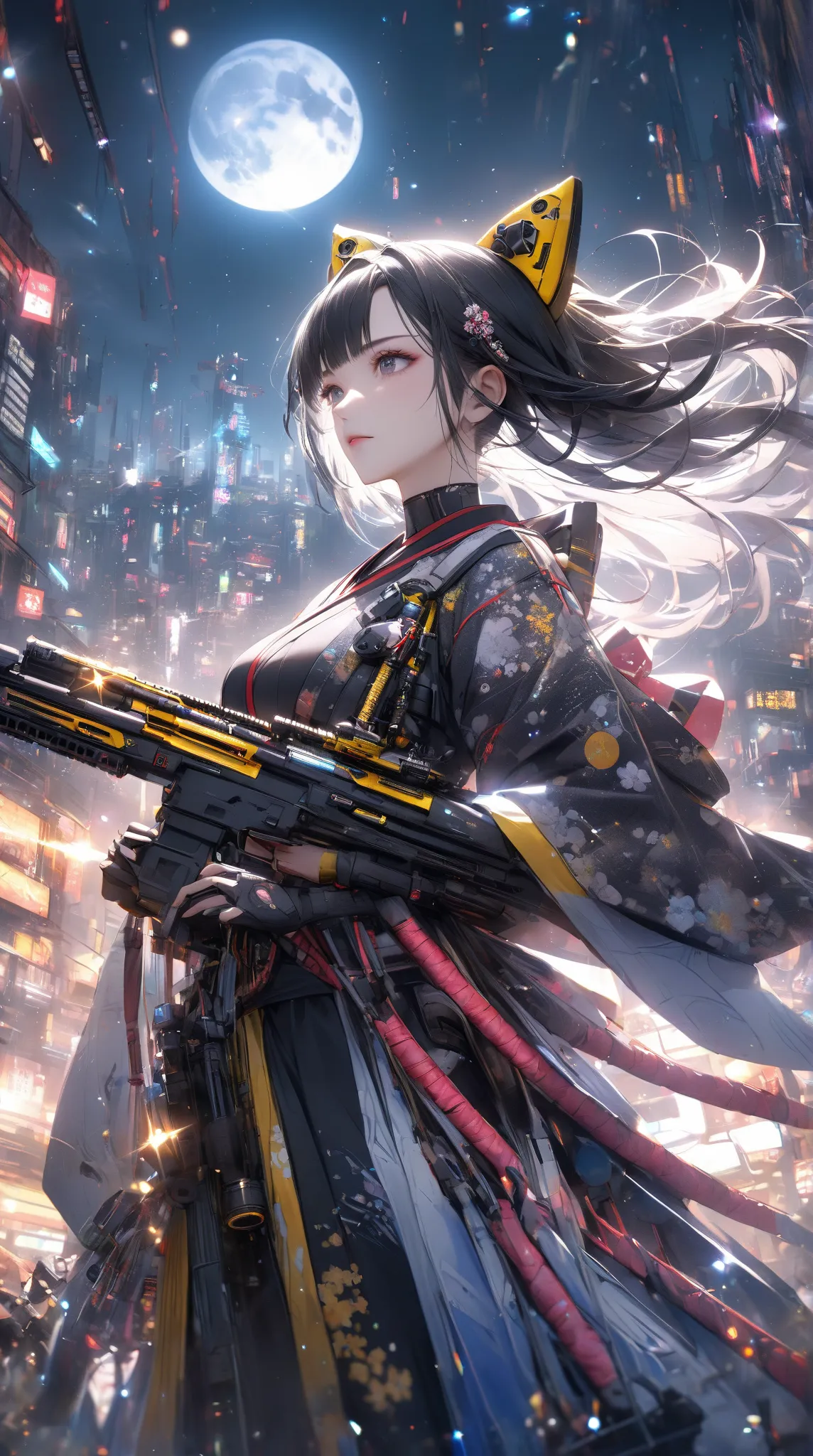 super realism、Hyperrealistic 1 Girl. 
(Princess Kaguya.) 

(Gorgeous Japanese-style、Japanese clothing、long woven fabric)
( Japanese Cyberpunk Motifs)
（降臨するPrincess Kaguya）
Armed with cyber rifles in both hands、
（A cyber space battleship is floating in the ...