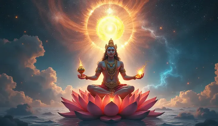 Lord Brahma his three head, glowing with divine radiance, he shit lotus flower appears before him, offering a boon. The setting is mystical, with golden light surrounding the god and the dark, eerie forest behind the demon."