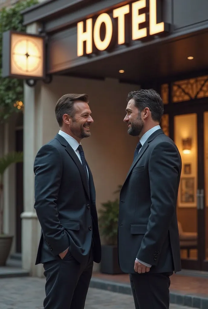 Show two guys outside a hotel room