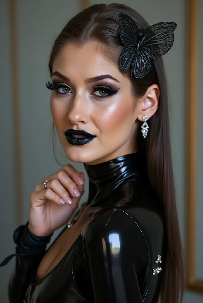 outrageously long and voluminous lash extensions., laughs a lot, latex suit, diamond ear earrings, black hair, black lips, bright black makeup, large butterfly shaped hair clip