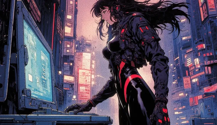 Masamune Shirow's Ghost in the Shell style blended with 80s/90s anime aesthetics like Akira, a full-body anime character from the top of her head to the tips of her feet with a sporty, athletic physique and toned curves, positioned centrally in a wide comp...