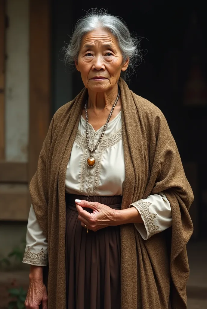 A woman in her mid-eighties wearing a traditional Filipiniana attire appropriate for her age and status, including a simple baro't saya with panuelo common during the 1890’s