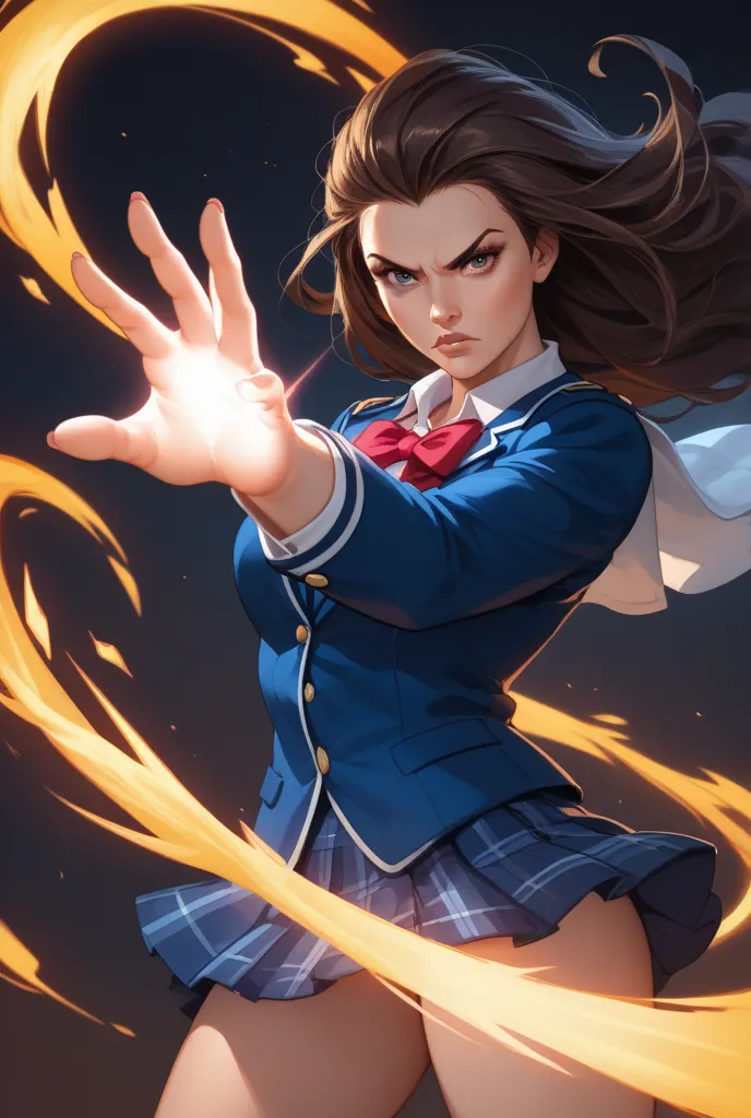 Woman with big boobs brunette with school clothes and firepowers without weapons