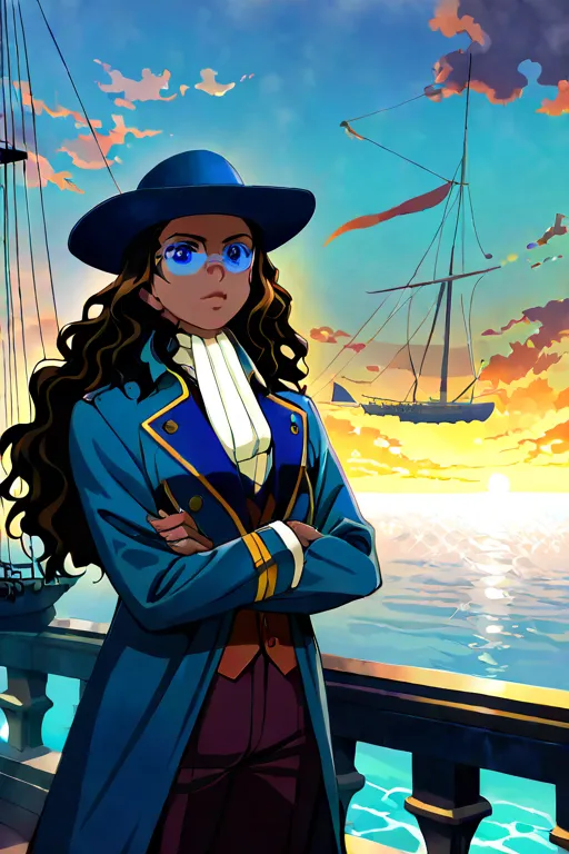 ((best quality)), ((masterpiece)), (detailed), "A dark-skinned man with long, wavy hair and a thick beard, wearing blue-tinted glasses and dressed in an elegant European-style coat. He stands on the bow of a ship, gripping the railing, his face partially s...