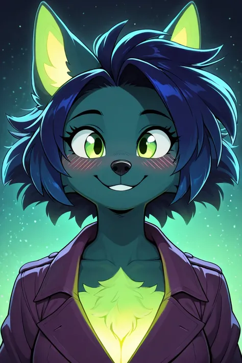 high quality, furry, dark green skin, wolf furry, female, fluffy tale, glow from chest, glowing light green horns, high details, green eyes, dark blue hair with glowing green ends, dark purple trench coat, high quality, 8K Ultra HD, crisp lines, sharp focu...