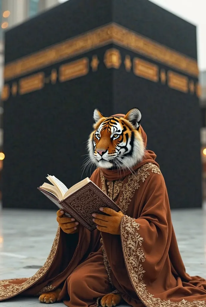 Want to generate ai imges of tiger is wearing abaya in hijab and sitting Infront of kaaba and tiger reciting Qur'an 