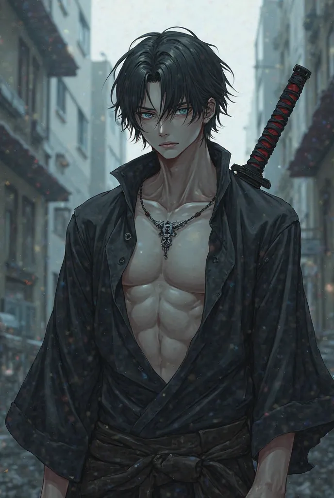 A male anime character, with gray and tired eyes, a katana ,  marked abdomen , clothes of a person with money , a tattoo of a small snake on the neck , pale skin , short hair 