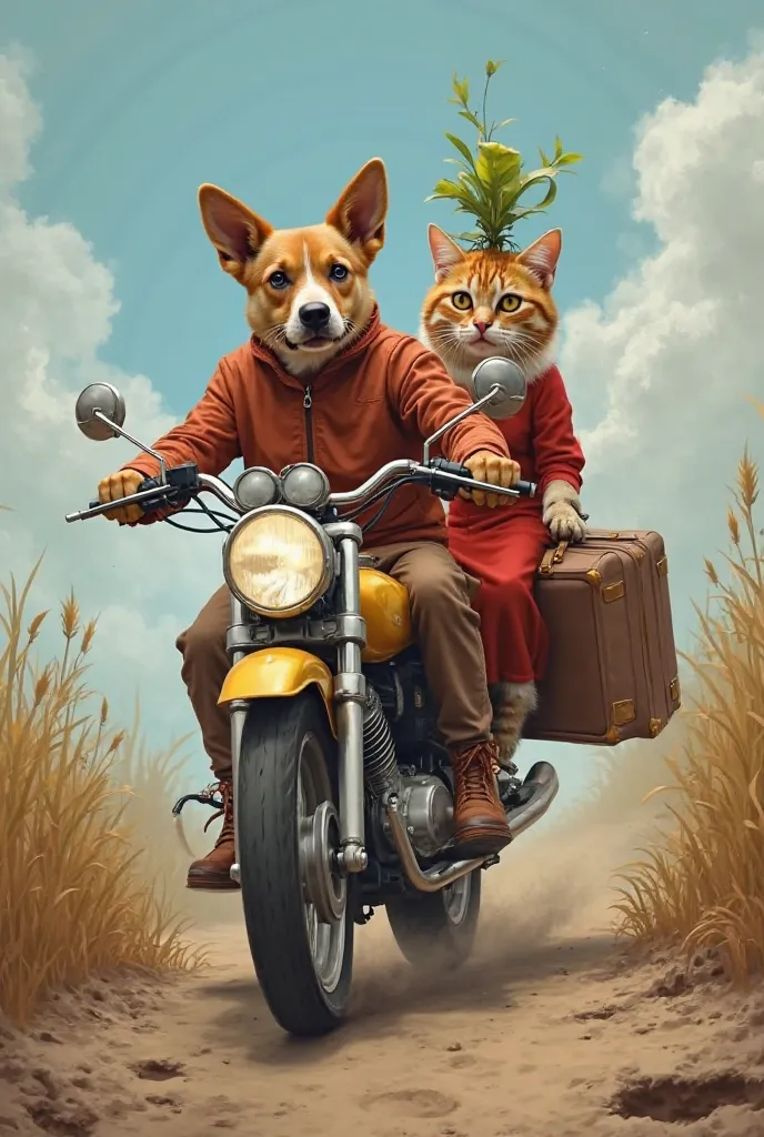 A dog riding a motorcycle on the pothole-filled slope dressed in forrozeiro clothing and a cat in the back in the motorcycle seat dressed in a red dress with a large suitcase and a plant jug on her head.