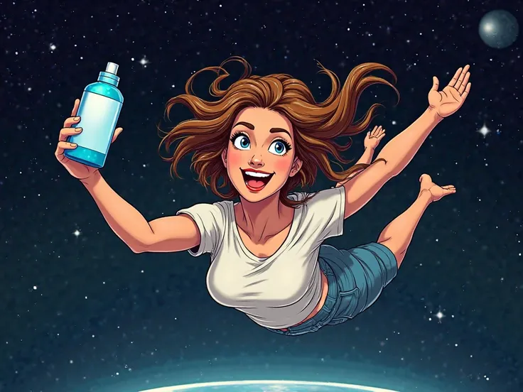 Woman in short sleeves floating in space reaches out to show off a blue bottle of sunscreen product，Adult body proportions， front view， comic style 