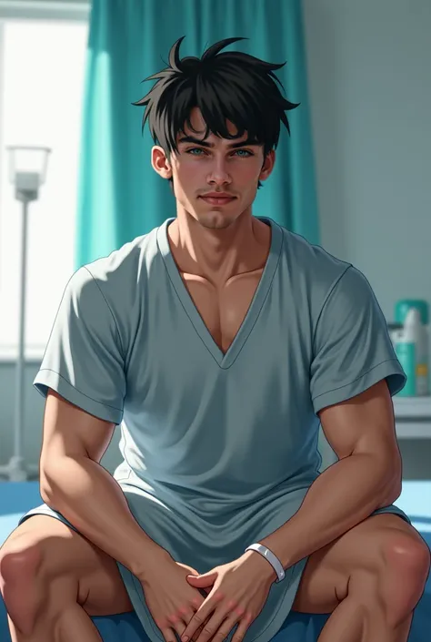 man, Realistic, black hair, Hospital patient gown, without pants, Sitting on the edge of the hospital bed, hospital room,  sexy body, smiling, sexy, bem Muscular, wearing a hospital gown, sem short, without underwear, Wearing the hospital gown, Muscular.