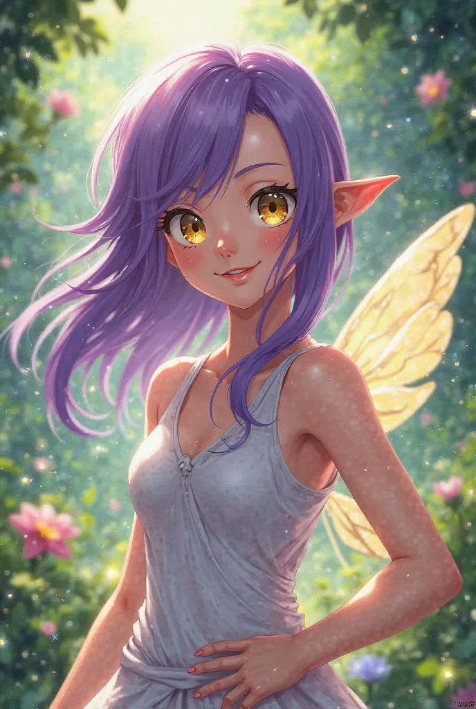 Fille , Fairy tail , yeux jaune , tenue d'été ,Cheveux Violets tenue écolière , age 20 ans 
