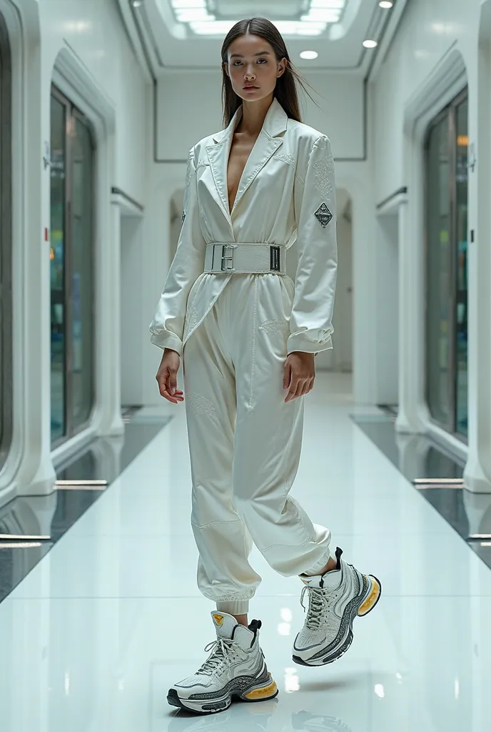 conceptual alien clothing materials and flying sneakers.25th century model.full-length sneakers and manicure suit.sports suit and sneakers with livitation effects
