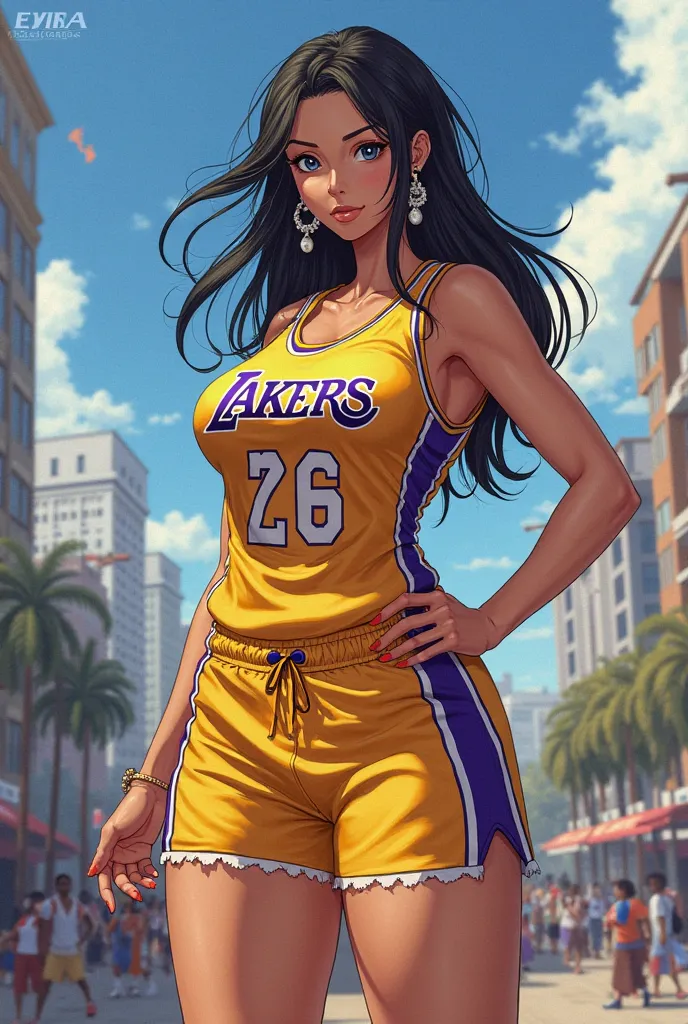 Nami in a Lakers jersey, big chest