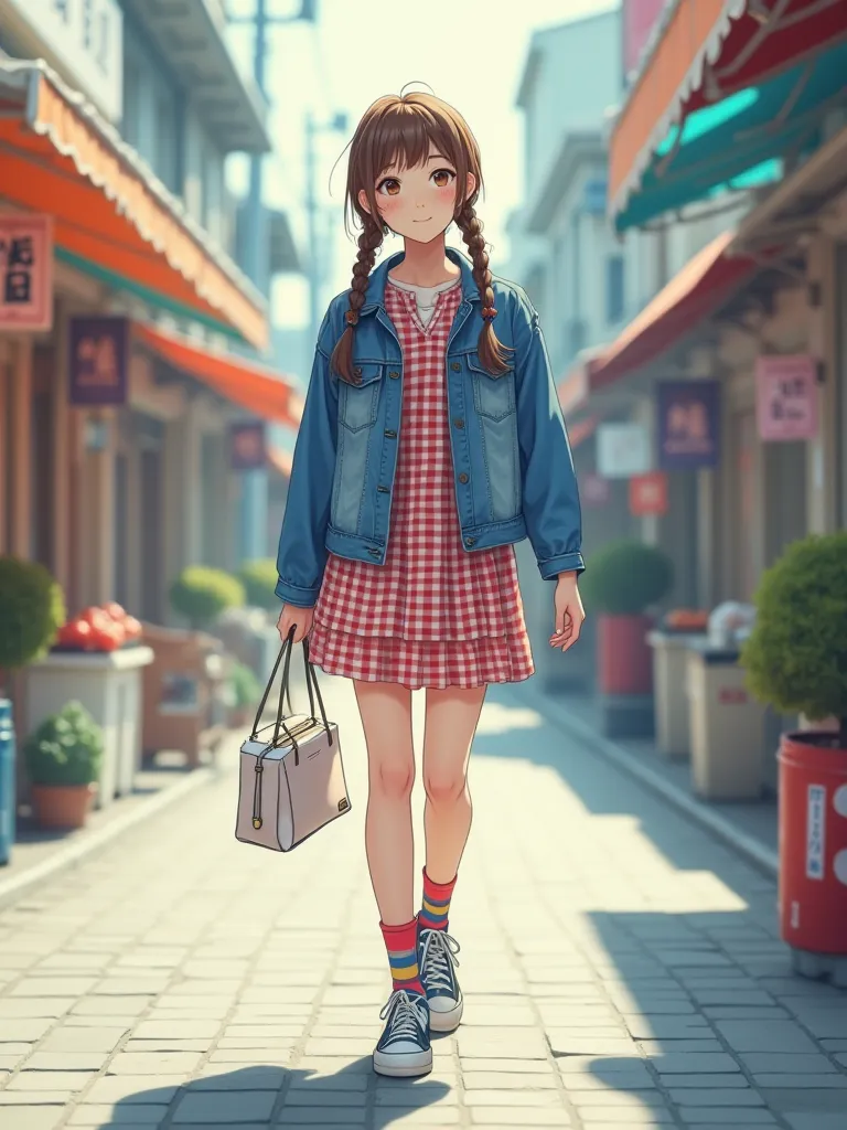 Female junior high school student with Showa retro atmosphere　She wears a checked dress with bright brown braided twin tails and a denim jacket, and skips the shopping district in colorful socks and sneakers