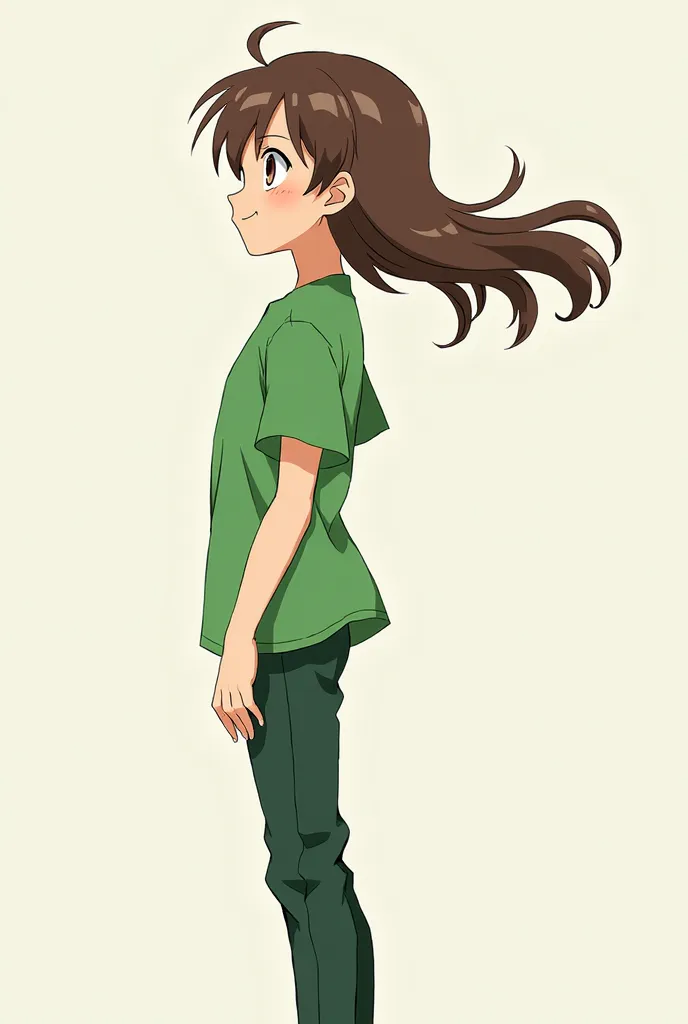 Anime character with brown hair and normal green clothes in profile 