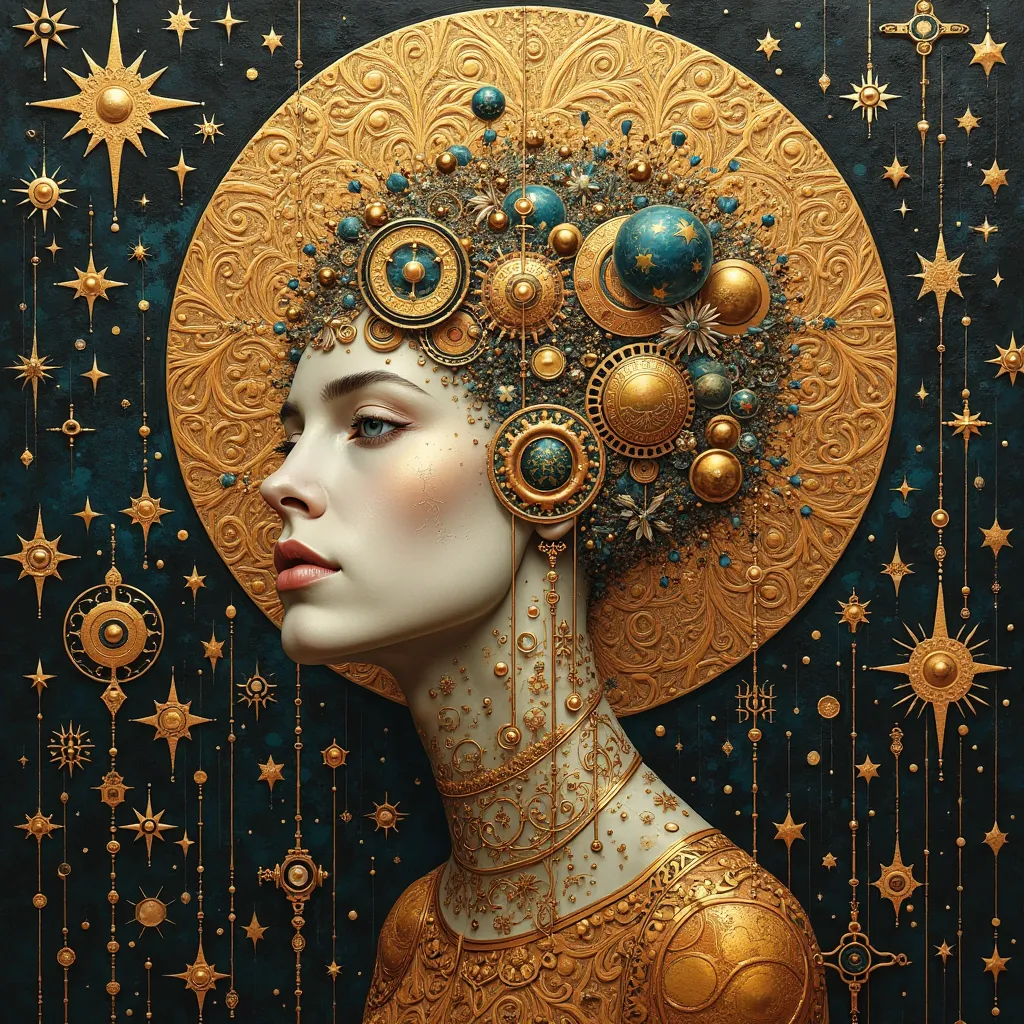 Symbolic and decorative portrait representing artificial intelligence in the style of Gustav Klimt。 The painting has、intricate gold patterns、rich decorative elements、and features a fusion of organic matter and geometric shapes。 Artificial Intelligence、surr...