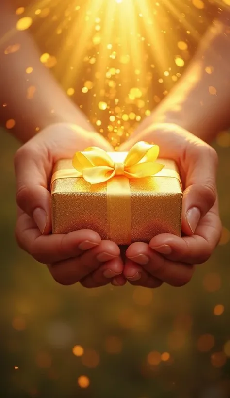 Hands receiving a gift: Human hands receiving a gift wrapped in gold paper, with rays of sunlight illuminating the moment, symbolizing blessings prepared by God.