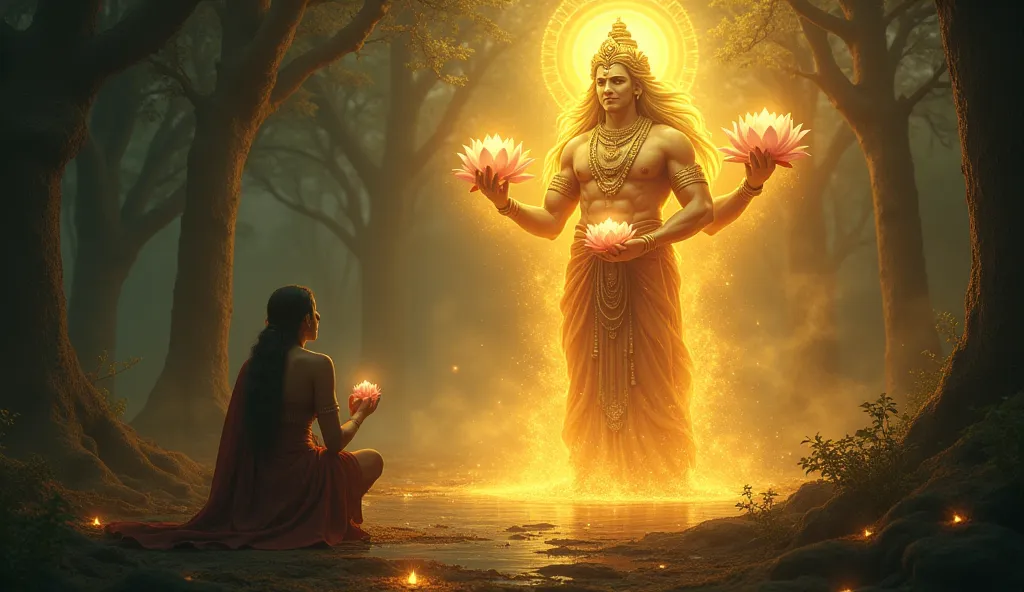 Old man Lord Brahma his three head, glowing with divine radiance, he shit lotus flower appears before him, offering a boon. The setting is mystical, with golden light surrounding the god and the dark, eerie forest behind the demon 