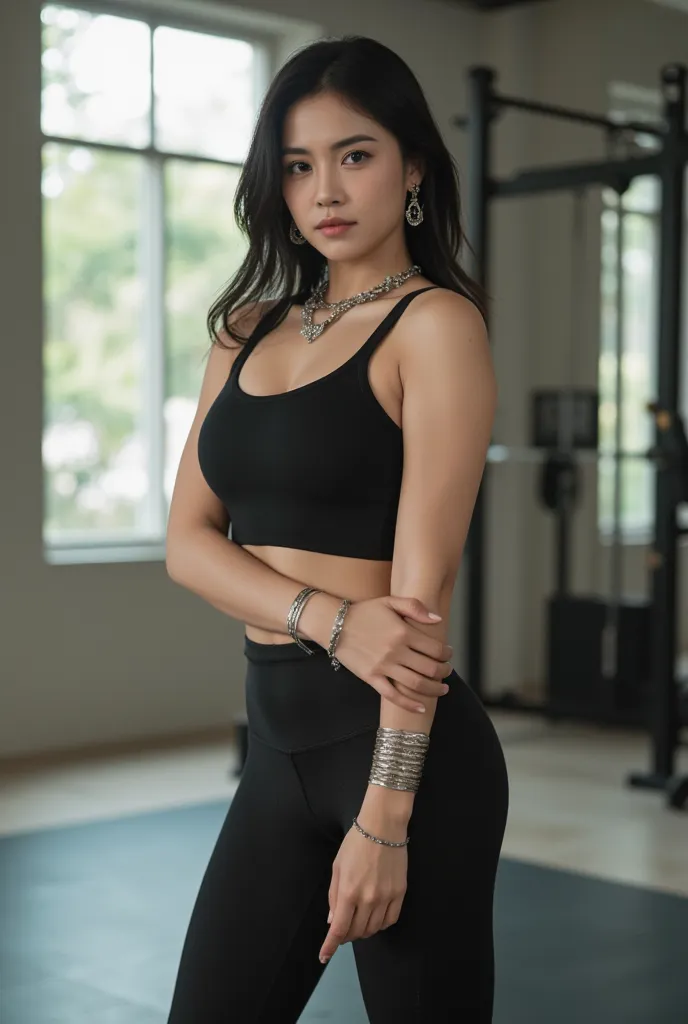  Picture of a beautiful Colombian dark-haired woman with white skin and hair. I'm wearing leggings. .   She has several earrings and bracelets . . The background is a gym .  full body shot