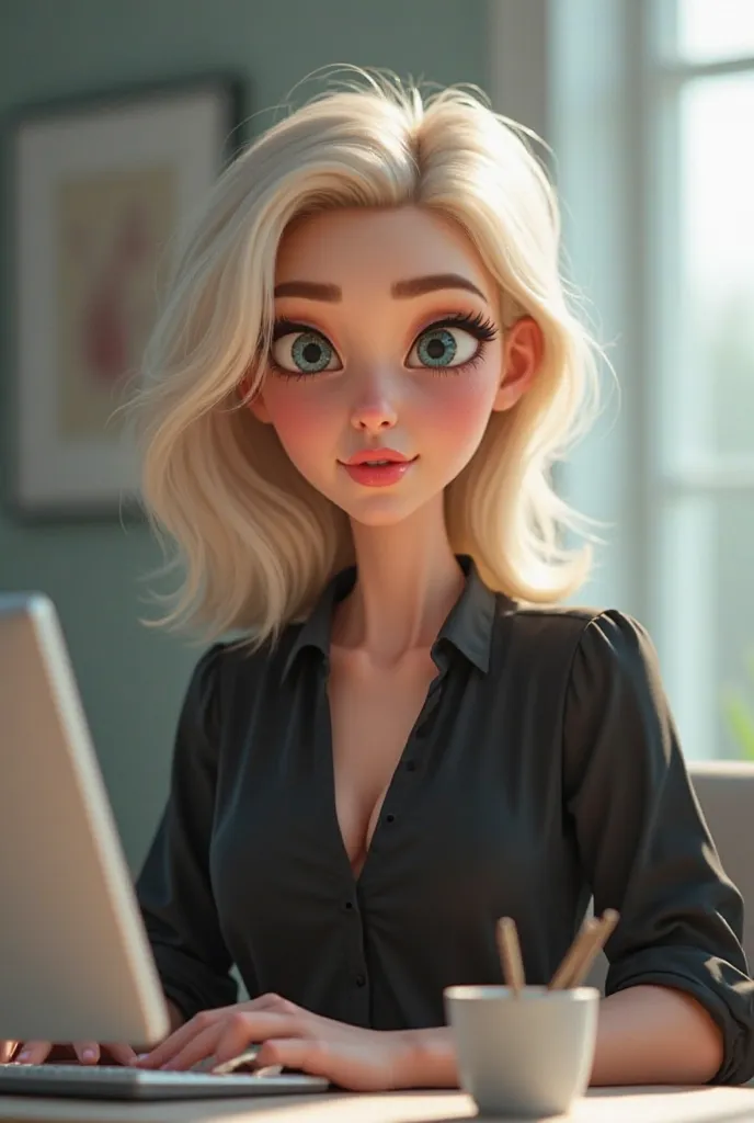 Creating a Pixar-like image of a 26-year-old woman, her profession is a psychologist, she has light hair and white skin, big eyelashes, pink lips and dressed in a black blouse, sitting at a desk with a computer.