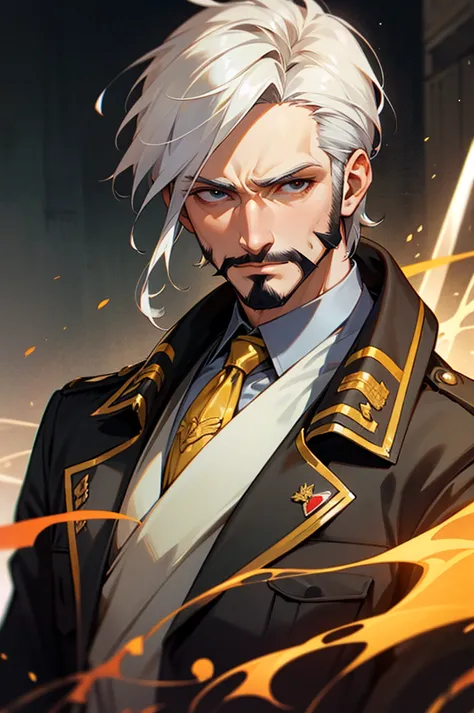 Hector Fay, Ultra high quality cg, 1 man,Solitary, White hair，Handsome face，Looking at the audience, Upper body, Male focus, tie，shirt， military uniform，Facial features, facial hair,