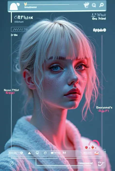 A futuristic AI-generated portrait of a person, looking surreal and otherworldly. The Instagram frame has a username, timestamp, and reaction emojis. Around the portrait, white text highlights trends like 'AI Filter Takeover,' 'This Isn’t Real?!,' and 'Eve...