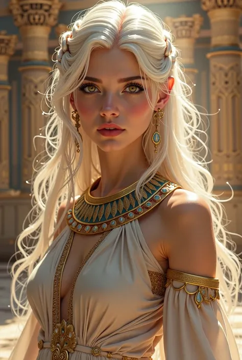 A princess with white hair with a braid and amber eyes who is wearing an Egyptian outfit to match her eyes