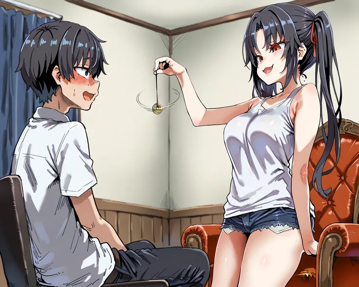 score_9, score_8_up, score_7_up, (top quality, 8k), high resolution, detailed, source_anime, colorful, living room, side view, 1boy solo, black hair, white shirt, ((boy slouching on chair)), (boy is sitting on an armchair), armchair, \(boy\) ahegao, male a...