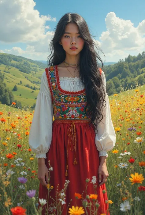 A beautiful girl with black flowing hair in Ukrainian embroidery stands against the background of a blooming meadow