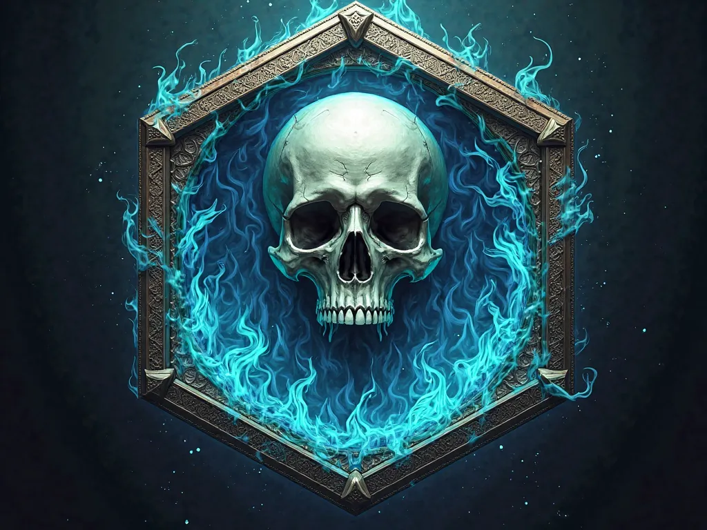 blue hexagon with skull and flames 