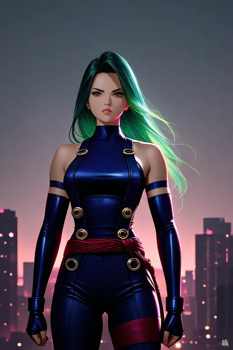 Psylocke girl from the Marvel Comics Universe, absolutely identical to her, but with green hair 