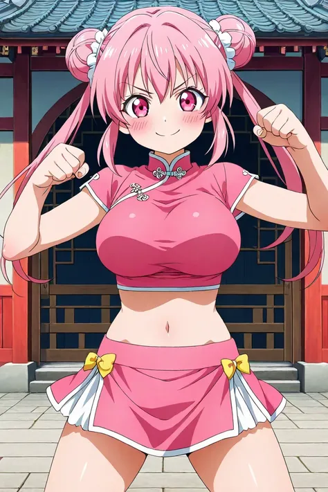 anime screencap, 1girl, solo, looking at viewer, cowboy shot, pink chinese clothes, crop top, midriff, navel, pink miniskirt, pink hair, long hair, double bun, pink eyes, large breasts, smile, blush, fighting style, chinese town