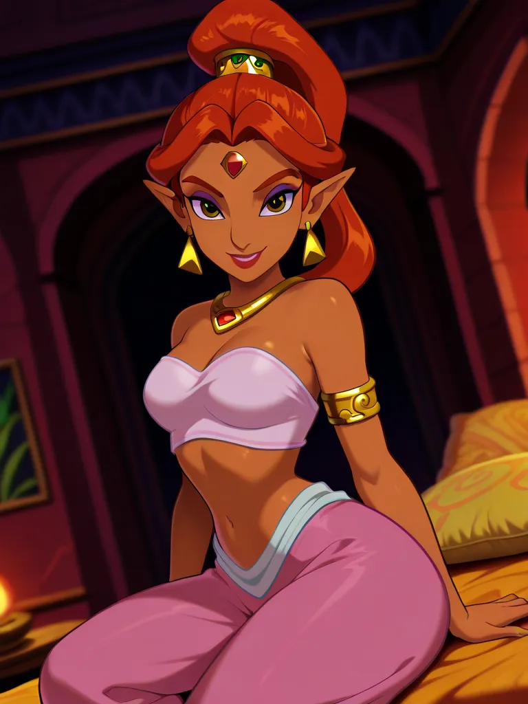 (official style:1.1), blurry background
1girl, medium breasts, (JasmineXL:1.1), Nabooru from Legend of Zelda Ocarina of Time, Gerudo, white strapless top, pink harem pants yellow eyes, red hair, long hair, ponytail, dark skin, hair pulled back, forehead je...