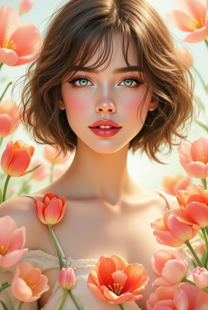 pinkfluxproultrafantasia, ((masterpiece, best quality)), a very beautiful portrait of a pretty Russian girl illustration Giving tulip flowers, she has beautiful short hair till above her shoulder, little dusky skin- in an illustration style, pixiv illustra...