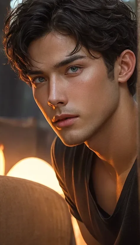 One male only. Heterochromia eyes. One black eye and one green eye. Black hair. Caucasian. Male. High Cheekbones. Dark stubble on jaw. Arched eyebrows. Full lips. Messy Black short hair.