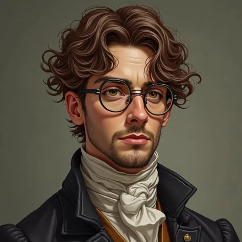 In a semi-realistic style make a man based on this info:

Tousled Chestnut-brown hair with natural waves, slightly messy yet well-groomed; Deep-set, contemplative eyes behind round, thin-framed glasses; Dark gold irises; Sharp, defined jawline; High cheekb...