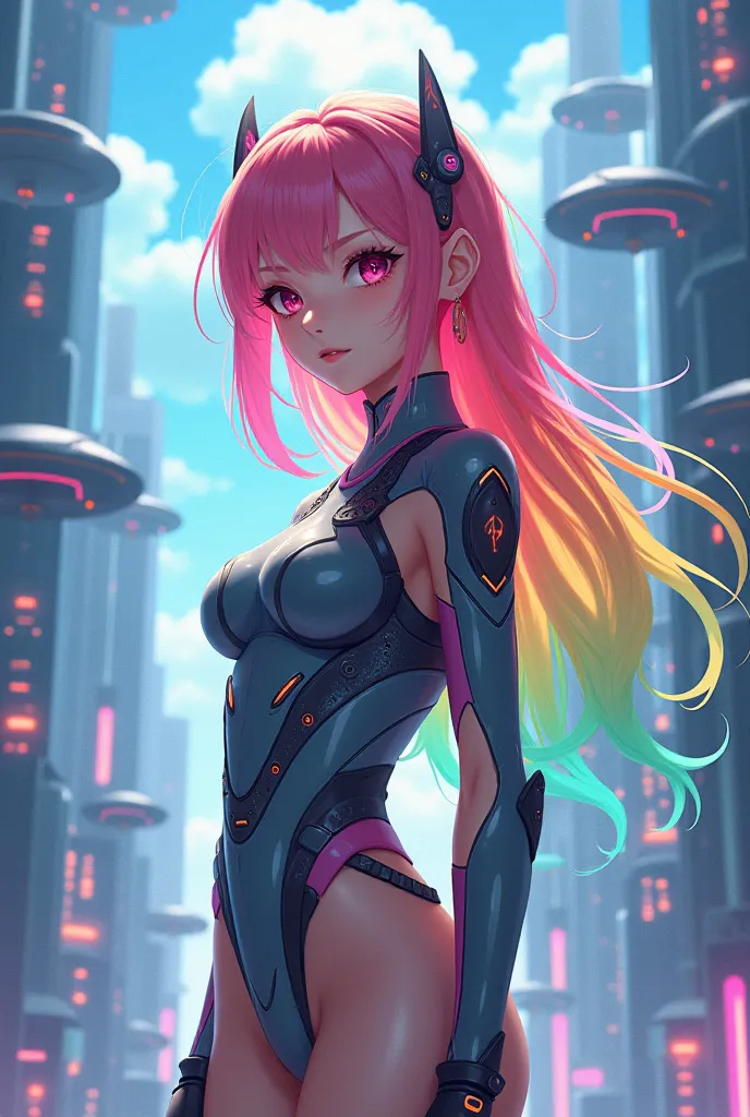 Cute anime girl with rainbow hair standing sideways to the camera. She is dressed futuristically. In the background is a futuristic fantasy city.