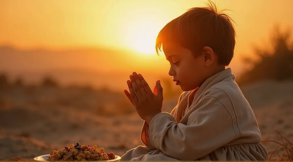 A young , dressed in simple clothes, sitting with hands raised in supplication before a small plate of food at sunset. The golden rays of the sun create a warm glow, highlighting the innocence and faith in his eyes.