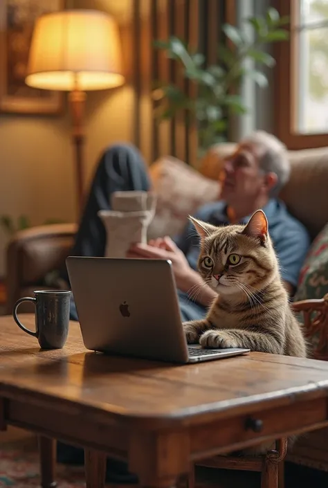 Show a cat sitting with a laptop at the table, Talking to another guy sitting on a couch