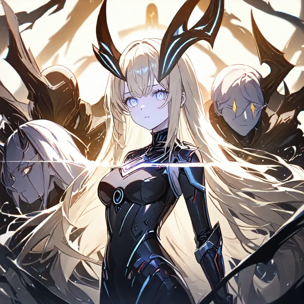 One girl, , poor, blonde hair, blue eyes, big horns, power suit, gothic design, blue skin, dark circles under eyes, three white eyes