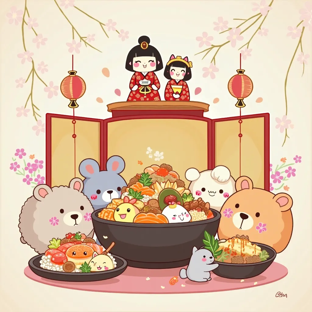 “A cute and pastel-colored illustration of a Japanese Hinamatsuri (Doll’s Festival) celebration. At the top, traditional Hina dolls of an emperor and empress sit on a red platform with a golden folding screen behind them, decorated with cherry blossoms and...