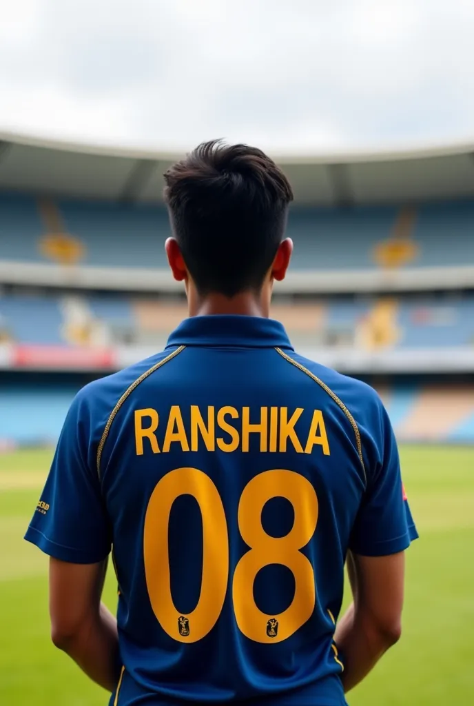 
"A mid-aged young man with black hair, wearing the official Sri Lanka cricket team jersey, stands with his back turned in the R. Premadasa Stadium. The name 'RANSHIKA' and the number 08 are visible on the back of his jersey."
