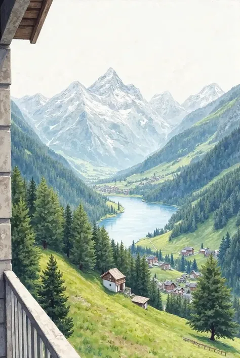 Relaxing watercolor painting of Switzerland from balcony