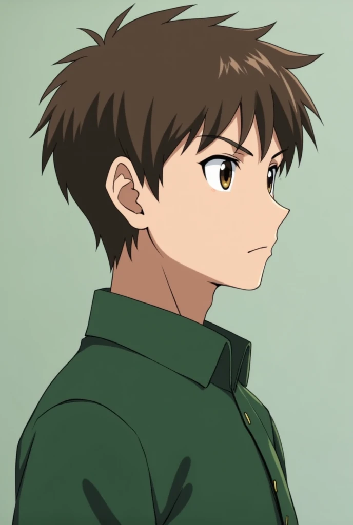 Anime character with brown hair and normal green clothes in profile who is male for TikTok more serious