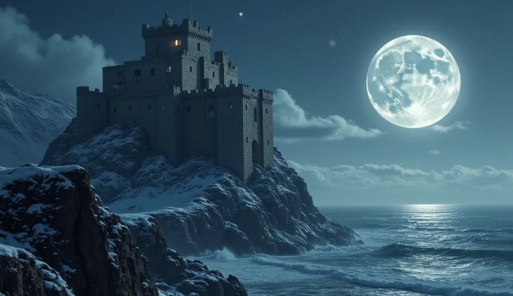 Fortress on top of the mountain, at night, over the light of the full moon , It snowed on the castle, sea in the background, ultrarealistic style, (photorealistic), ( Masterpiece), UHD, 8k
