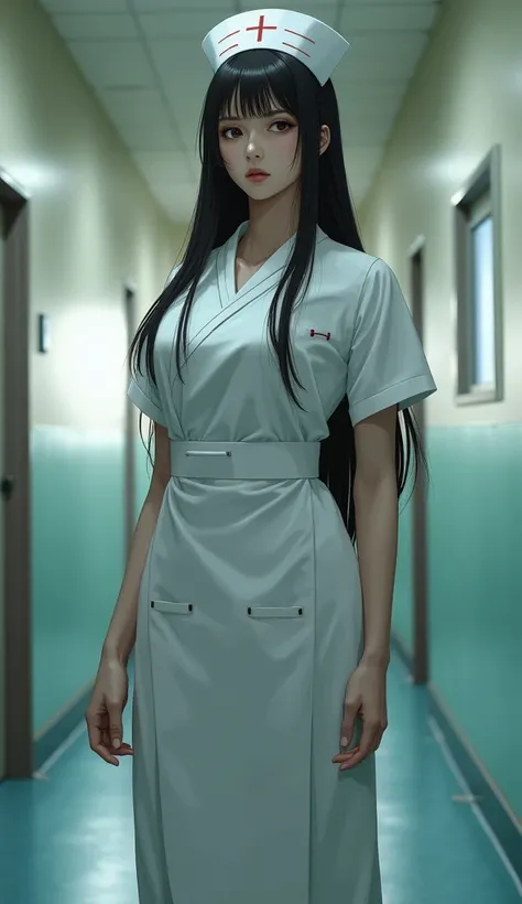 dark brown hair,Hospital room, Hi-Res, textured skin, very detailed,Tall Length, russian,long hair,Japanese nurse uniform,woman,