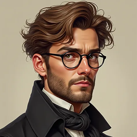 In a semi-realistic style make a man based on this info:

Tousled Chestnut-brown hair with natural waves, slightly messy yet well-groomed; Deep-set, contemplative eyes behind round, thin-framed glasses; Dark gold irises; Sharp, defined jawline; High cheekb...