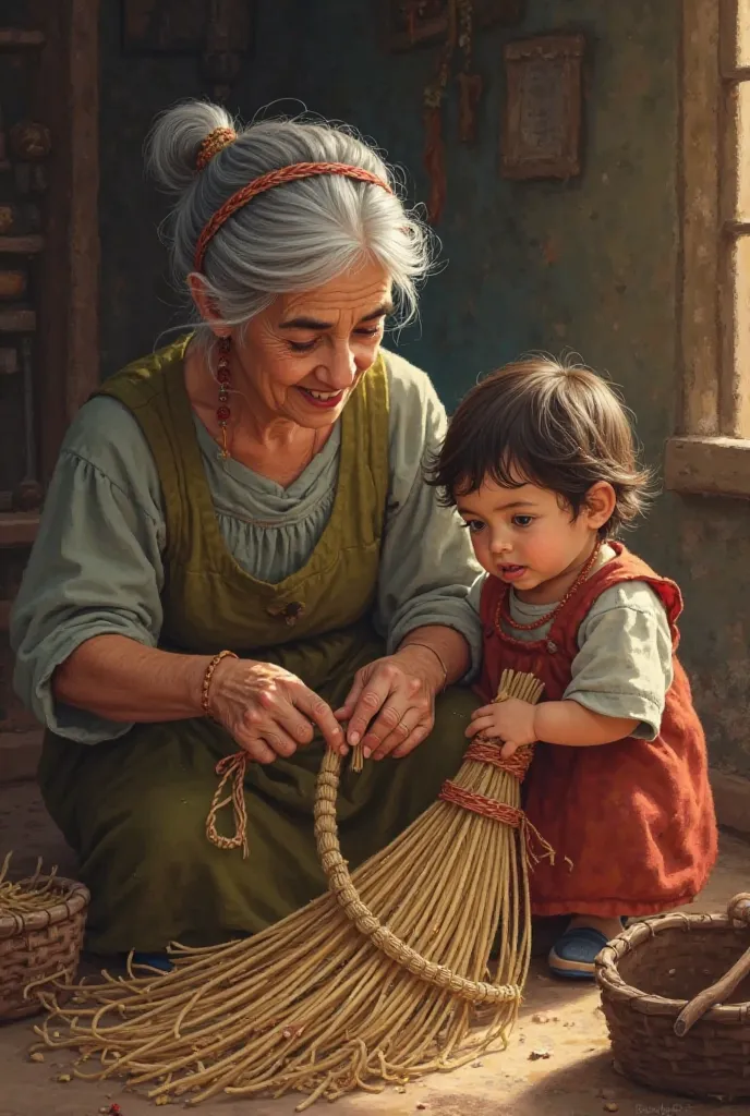 The grandmother is weaving two brooms, one big and one small, while the grandchild sits watching her.

