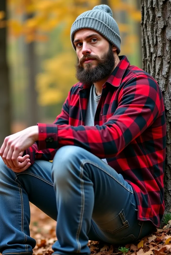 One white man, tall, some chub, muscular, big chest, hypermasculine, strong jaw, dense facial hair(dark brown), grey beanie, red and black flannel (opened), jeans (unzipped), boots, sitting against tree, massive penis (18 inches long)(thicker towards tip),...